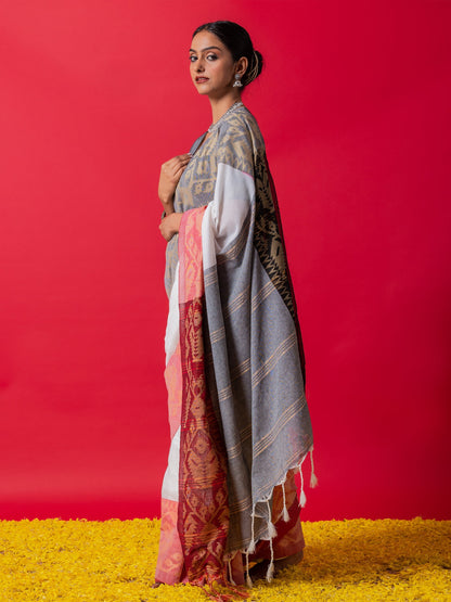 Dhiyona ST White Ghoomar Ganga Yamuna Cotton Saree with Blouse Fabric