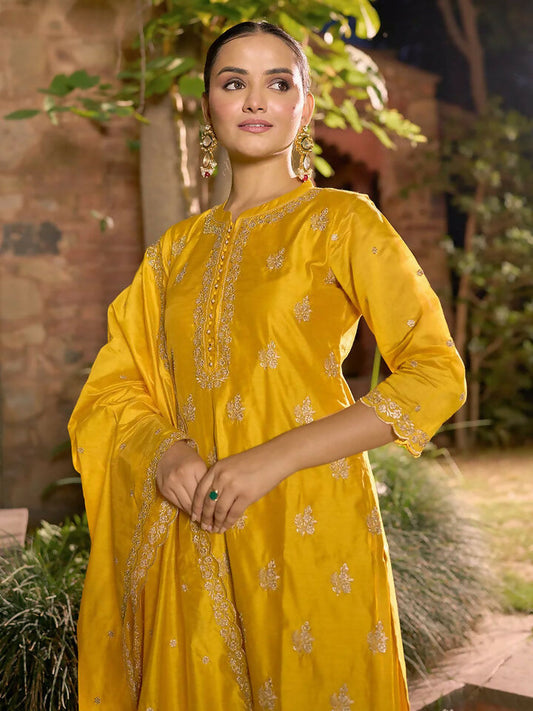 Women's LB Art Mustard Embroidered Chanderi Silk Straight Suit With Dupatta