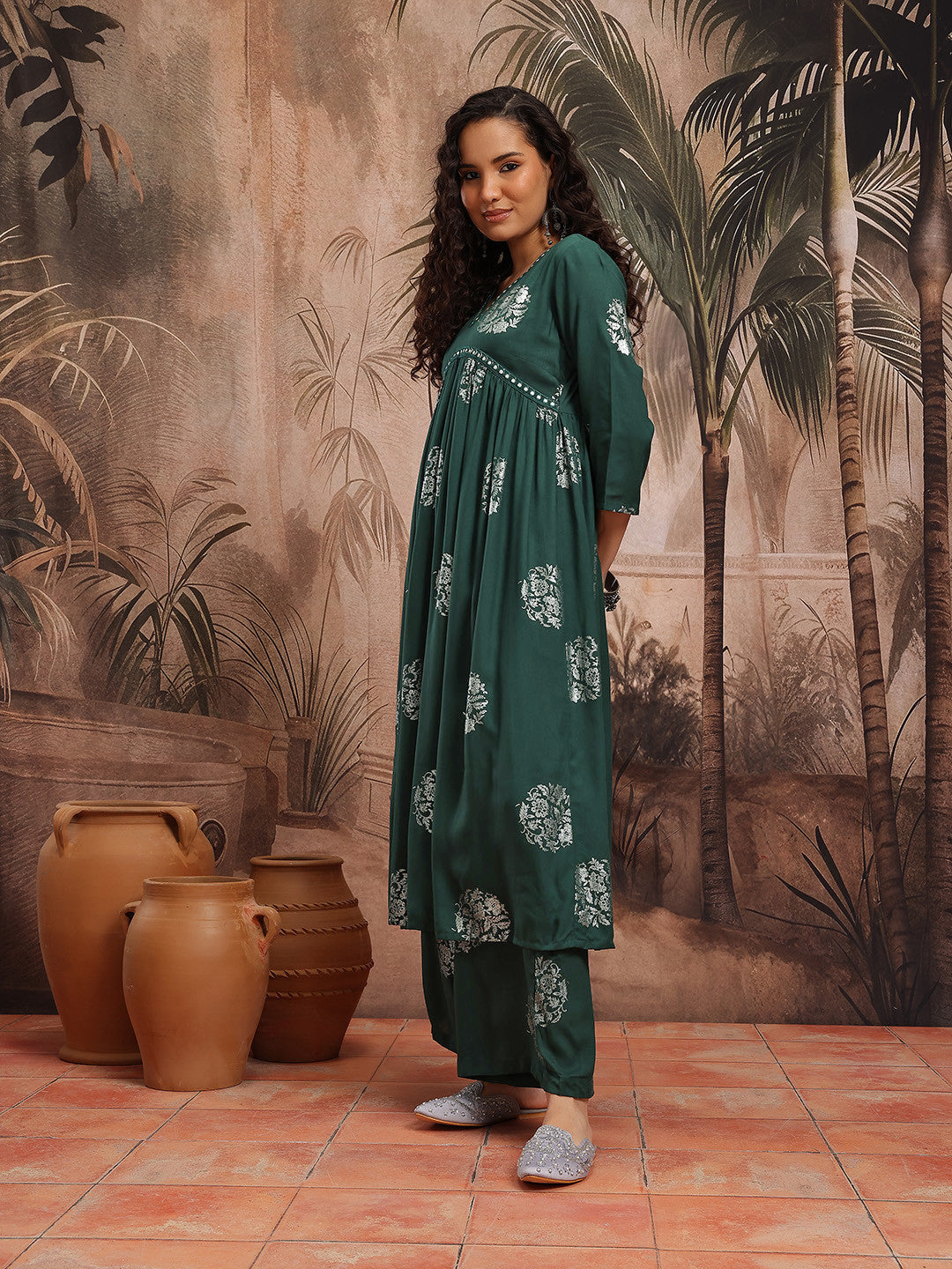 Floral Printed Empire Anarkali Kurta with Trousers