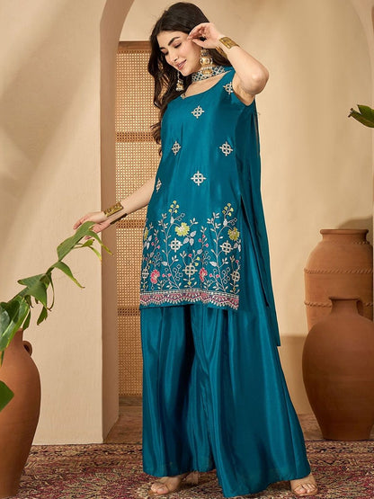 Dhiyona SN Embroidered Round Neck Straight Kurta & Palazzos With Dupatta