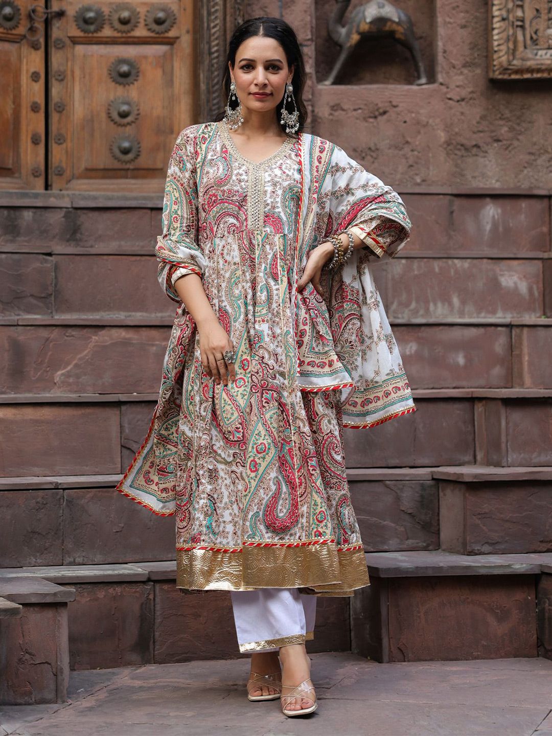 Dhiyona RR Women's Paisley Printed Gotta Patti Pure Cotton Kurta with Trousers & Dupatta