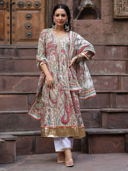 Dhiyona RR Women's Paisley Printed Gotta Patti Pure Cotton Kurta with Trousers & Dupatta