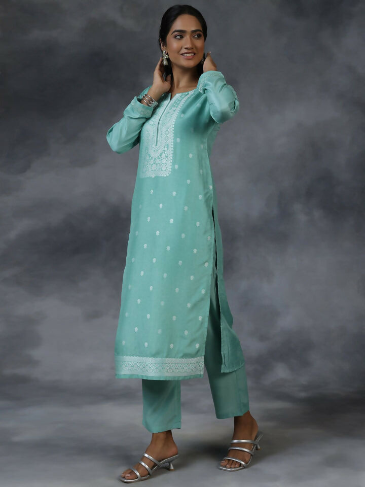 Women's LB Green Woven Design Silk Blend Straight Suit With Dupatta