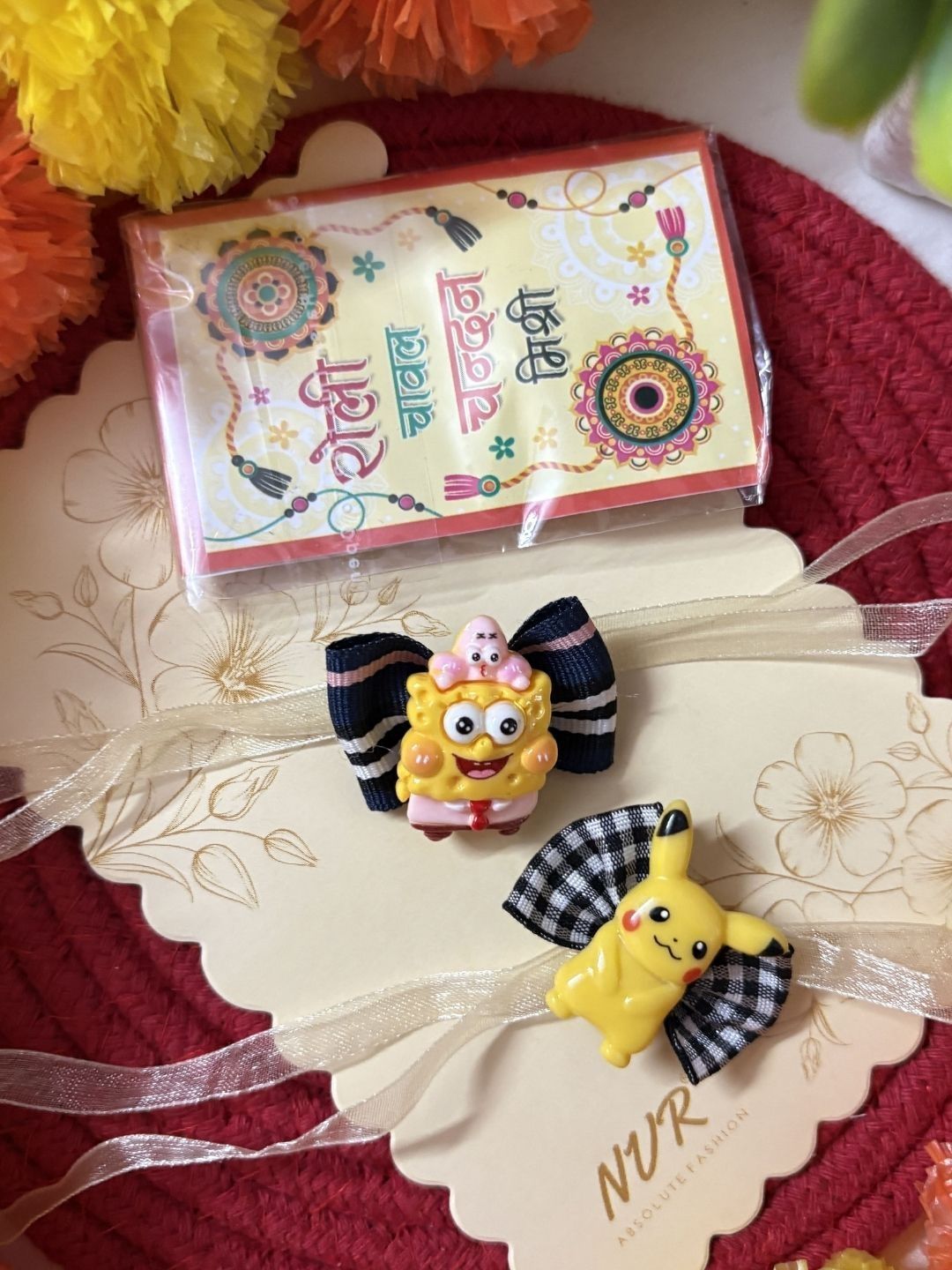 Dhiyona Set Of 2 Pikachu Design Kids Rakhi With Roli Chawal Chandan Mishri
