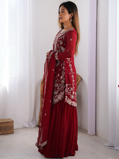 Dhiyona KL Ethnic Motifs Embroidered Sequinned Straight Kurta With Sharara And Dupatta
