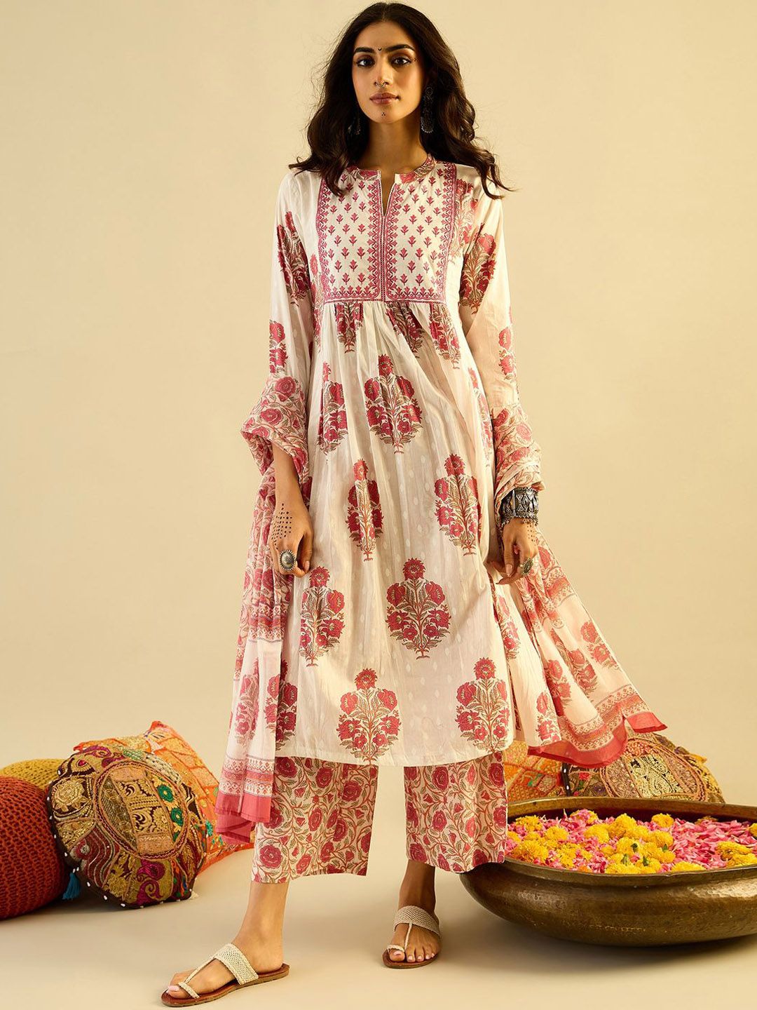 Dhiyona IE Ethnic Motifs Embroidered Anarkali Pure Cotton Kurta with Palazzos & With Dupatta