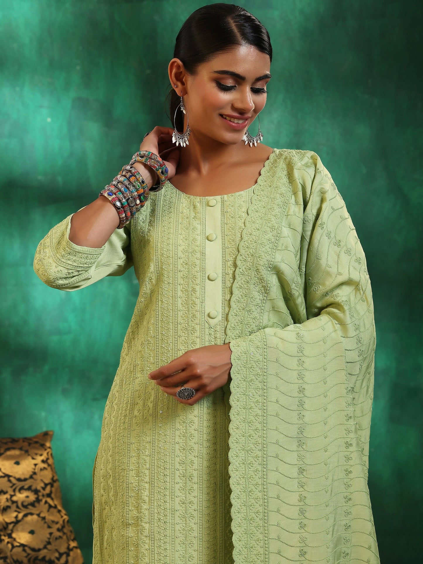 Women's LB Green Embroidered Silk Blend Straight Suit With Dupatta