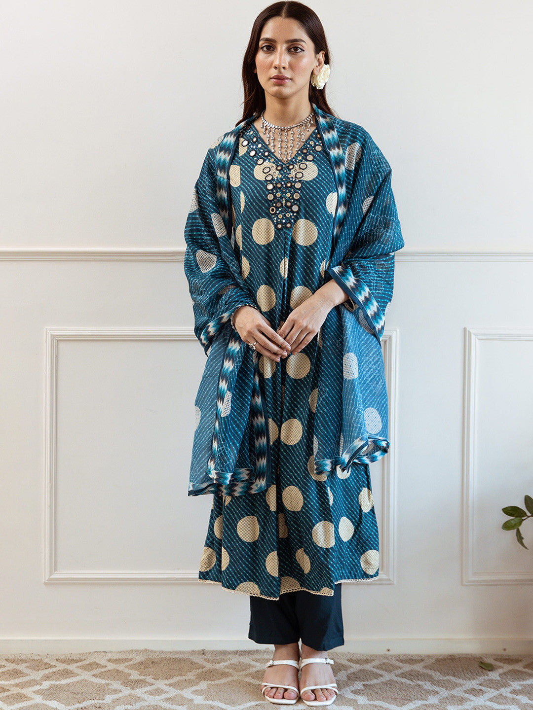 Leheriya Printed V-Neck Mirror Work A-Line Kurta With Trousers And Dupatta