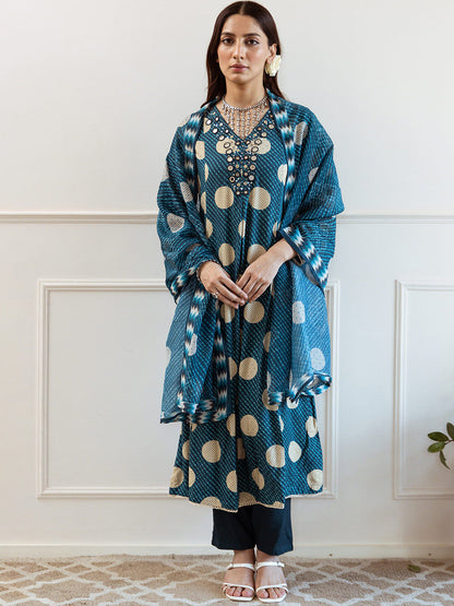 Leheriya Printed V-Neck Mirror Work A-Line Kurta With Trousers And Dupatta