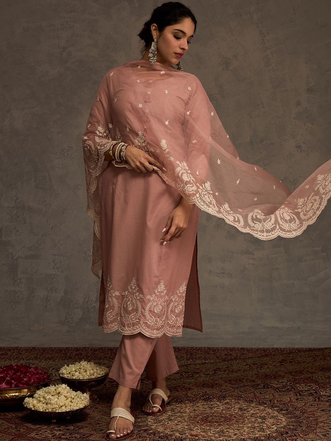 Women Ethnic Motifs Regular Thread Work Pure Cotton Kurta with Trousers & With Dupatta
