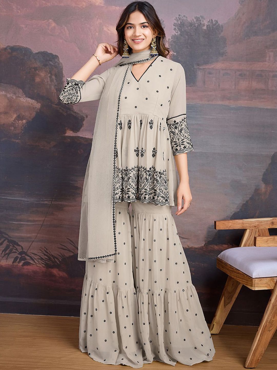 Dhiyona HOP Floral Embroidered Sequinned Georgette Kurta with Sharara & Dupatta