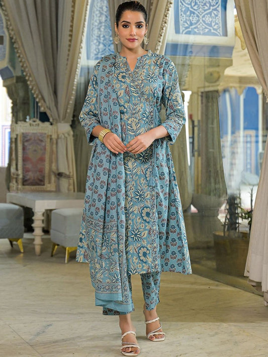Dhiyona KL Floral Printed Angrakha Sequinned Pure Cotton Kurta with Trousers & Dupatta