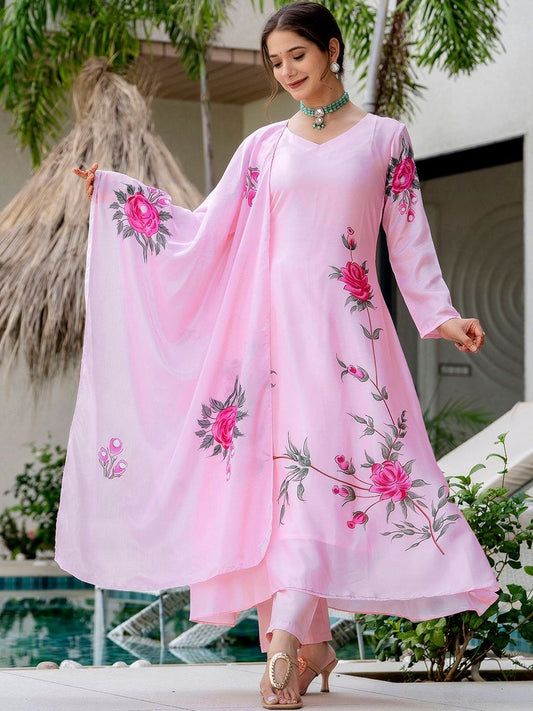 Dhiyona KL Women Floral Printed Regular Silk Chiffon Kurta with Trousers & With Dupatta