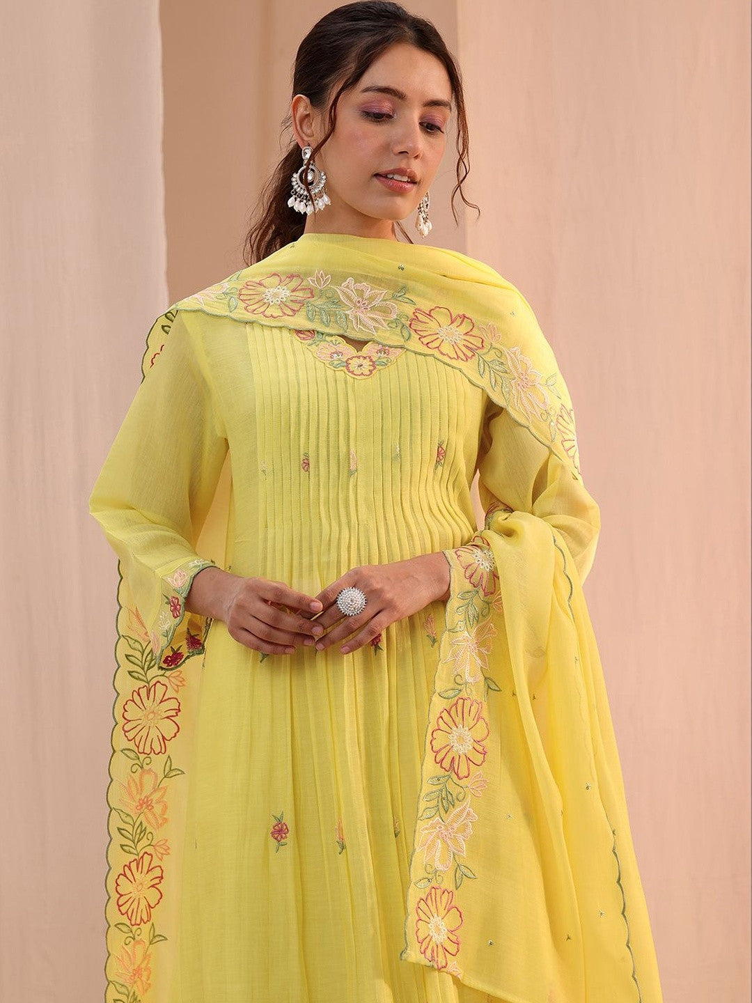 Women Floral Embroidered Empire Thread Work Chanderi Cotton Kurta with Trousers & With Dupatta