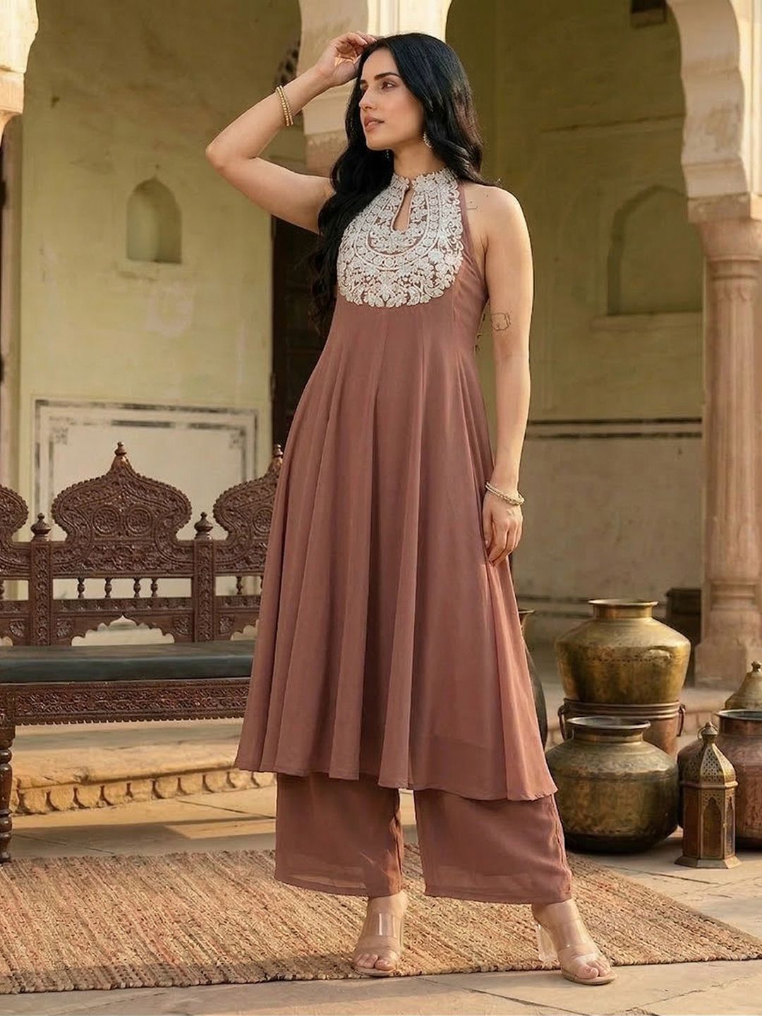 Camel Brown Floral Embroidered Panelled Silk Georgette Anarkali Kurta With Trouser