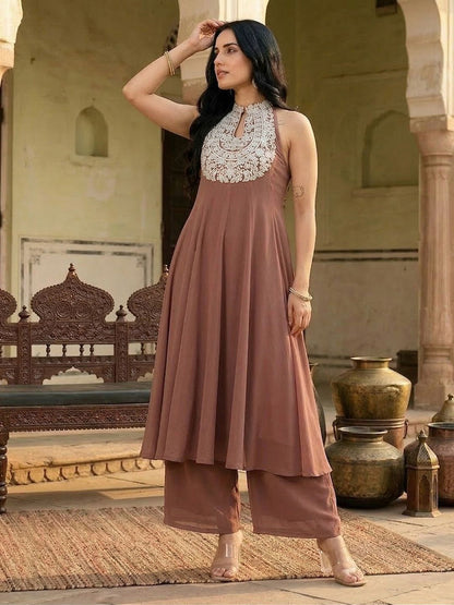 Camel Brown Floral Embroidered Panelled Silk Georgette Anarkali Kurta With Trouser