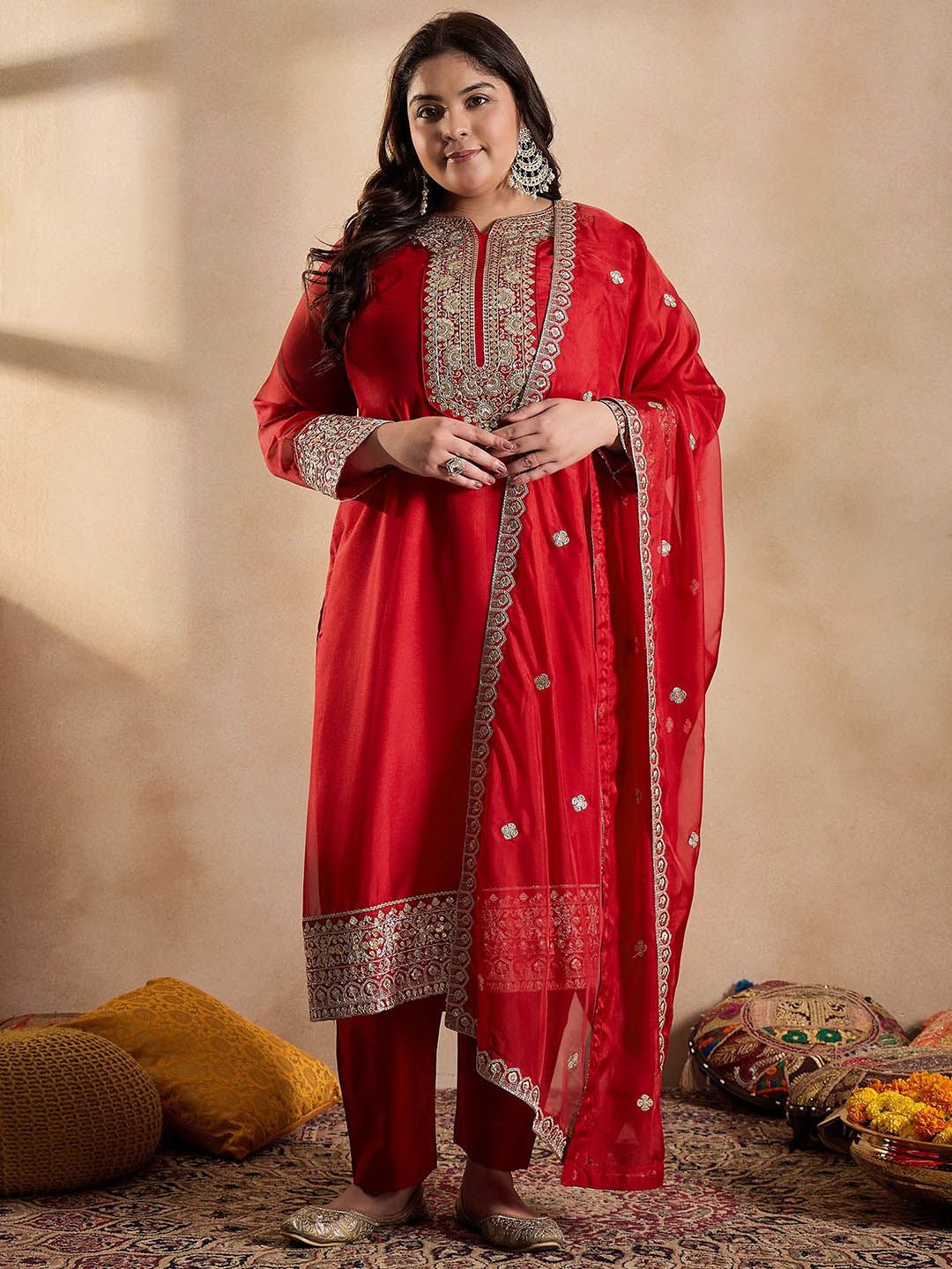 Dhiyona IN Women Ethnic Motifs Yoke Design Regular Sequinned Kurta with Trousers & With Dupatta