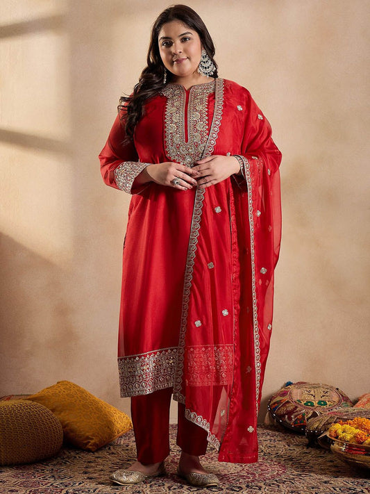 Dhiyona IN Women Ethnic Motifs Yoke Design Regular Sequinned Kurta with Trousers & With Dupatta