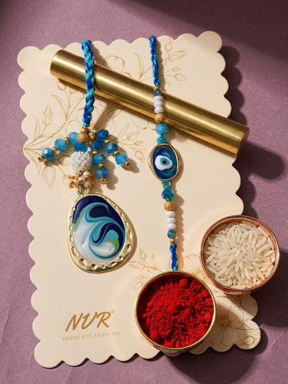 Dhiyona Set Of 2 Blue Evil Eye Traditional Gold Toned Bhaiya Bhabhi Rakhi With Roli Chawal