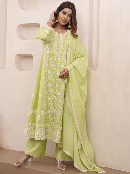 Dhiyona PD Women Floral Embroidered Pure Cotton Kurta & Trousers With Dupatta