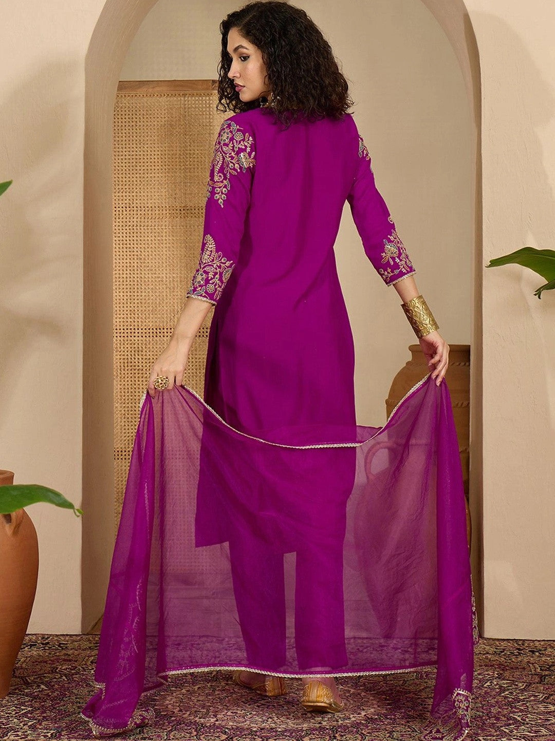 Women Ethnic Motifs Embroidered Regular Thread Work Kurta with Trousers & With Dupatta
