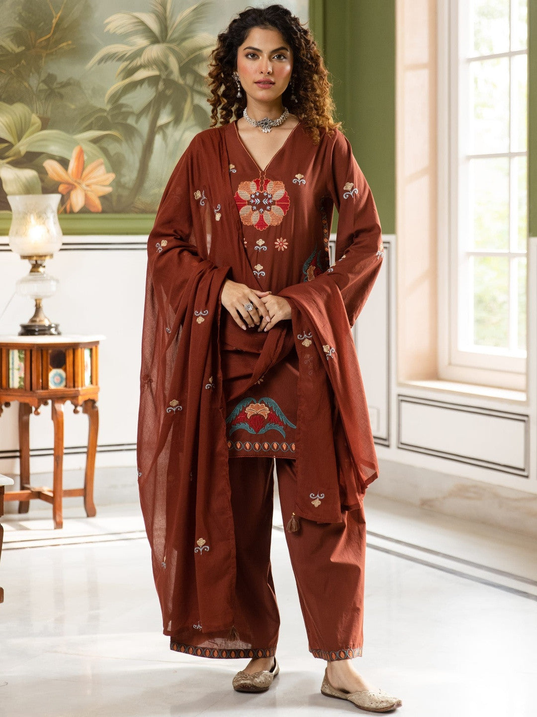Embroidered Pure Cotton V-Neck Kurta Trousers & Dupatta