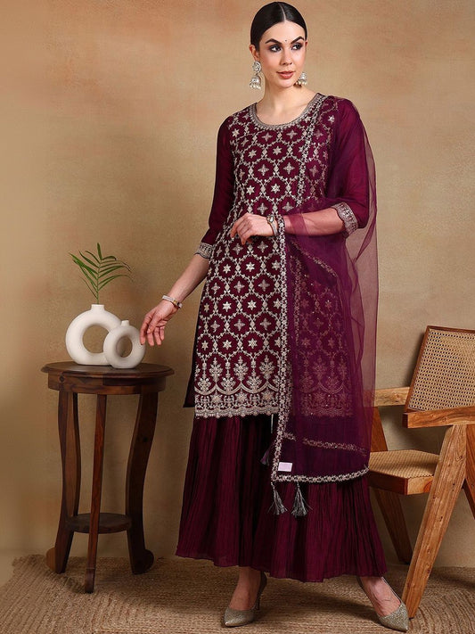 Dhiyona KL Women Ethnic Motifs Embroidered Regular Thread Work Kurta with Sharara & With Dupatta