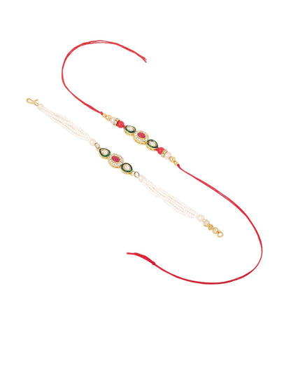 Dhiyona Set Of 2 Multicolor Oval Shape Kundan Studded & Beads Bhaiya Bhabhi Rakhi