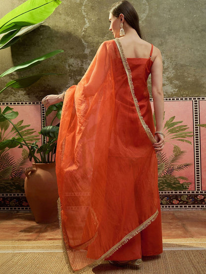 Embroidered Shantoon Shoulder Straps Kurti & Palazzos With Dupatta