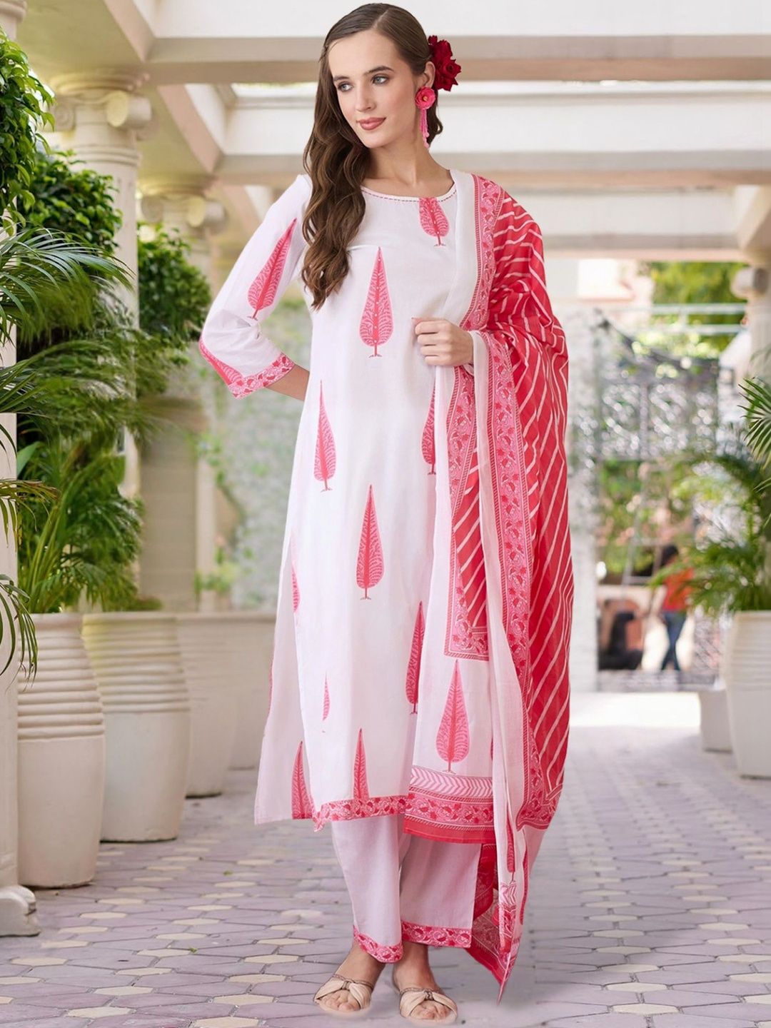 Women Ethnic Motifs Printed Regular Thread Work Pure Cotton Kurta with Trousers & With Dupatta