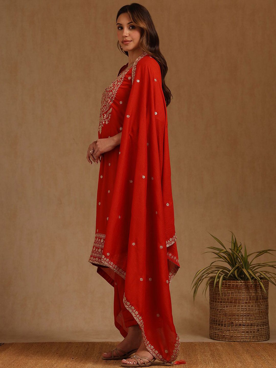 Dhiyona SO Women's Women Ethnic Motifs Embroidered Beads and Stones Kurta & Trousers With Dupatta