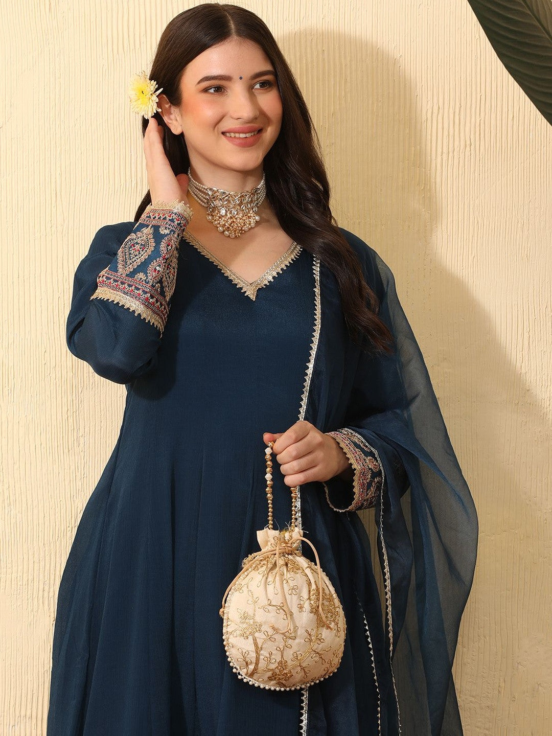 Ethnic Motifs Embroidered Empire Gotta Patti Chinon Kurta With Trousers & Dupatta