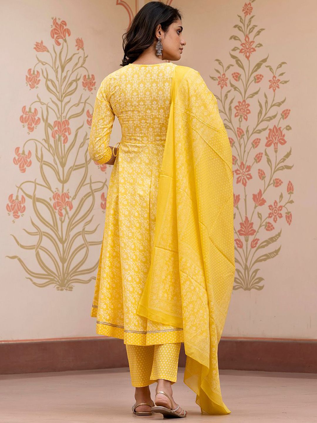 Dhiyona KL Floral Printed Mirror Work Anarkali Pure Cotton Kurta With Trousers & Dupatta