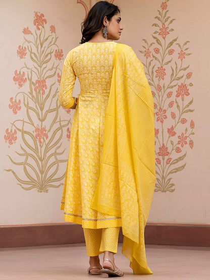 Dhiyona KL Floral Printed Mirror Work Anarkali Pure Cotton Kurta With Trousers & Dupatta