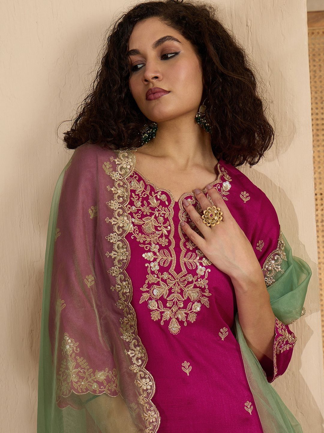 Dhiyona SN Floral Embroidered Zari And Sequinned Straight Kurta With Sharara & Dupatta