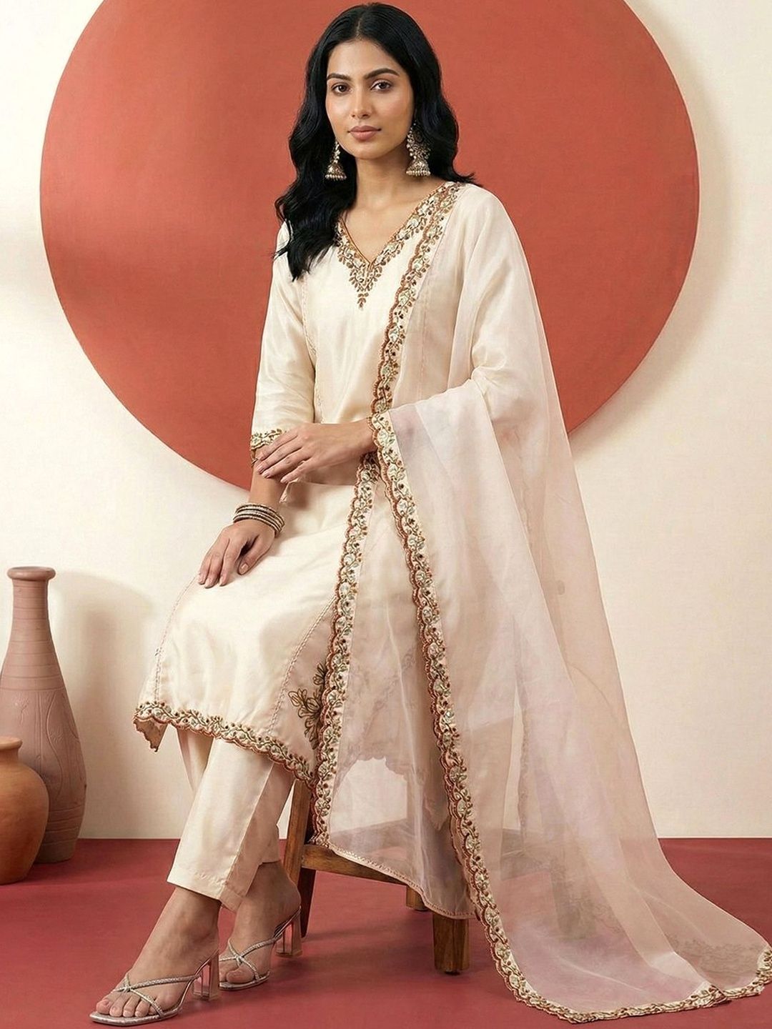 Dhiyona CH Women Ethnic Motifs Embroidered Regular Thread Work Kurta with Trousers & With Dupatta
