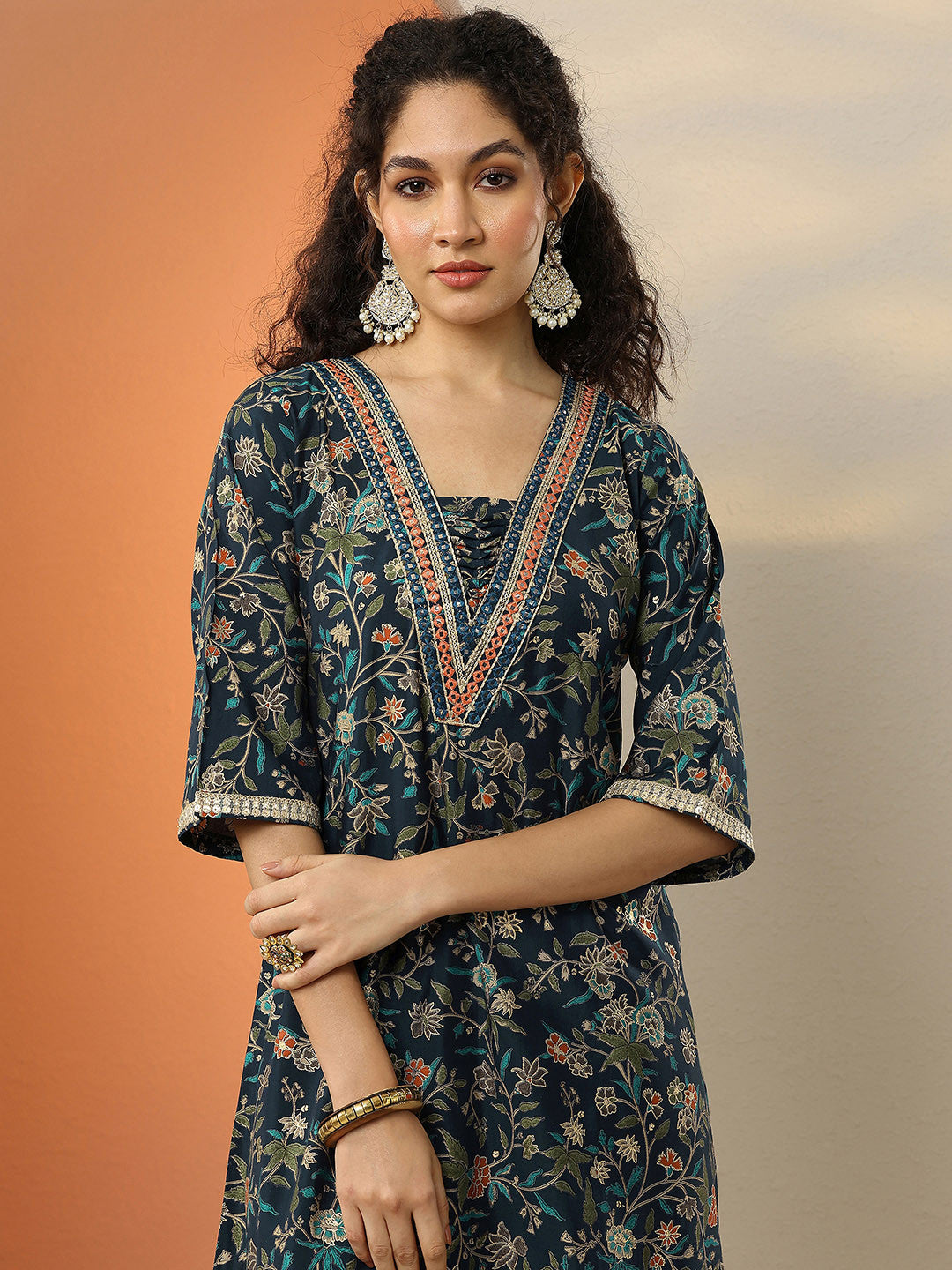 Women Floral Printed Regular Mirror Work Kurta with Salwar & With Dupatta