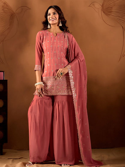 Dhiyona AN Women Ethnic Motifs Embroidered Regular Sequinned Kurta with Sharara & With Dupatta