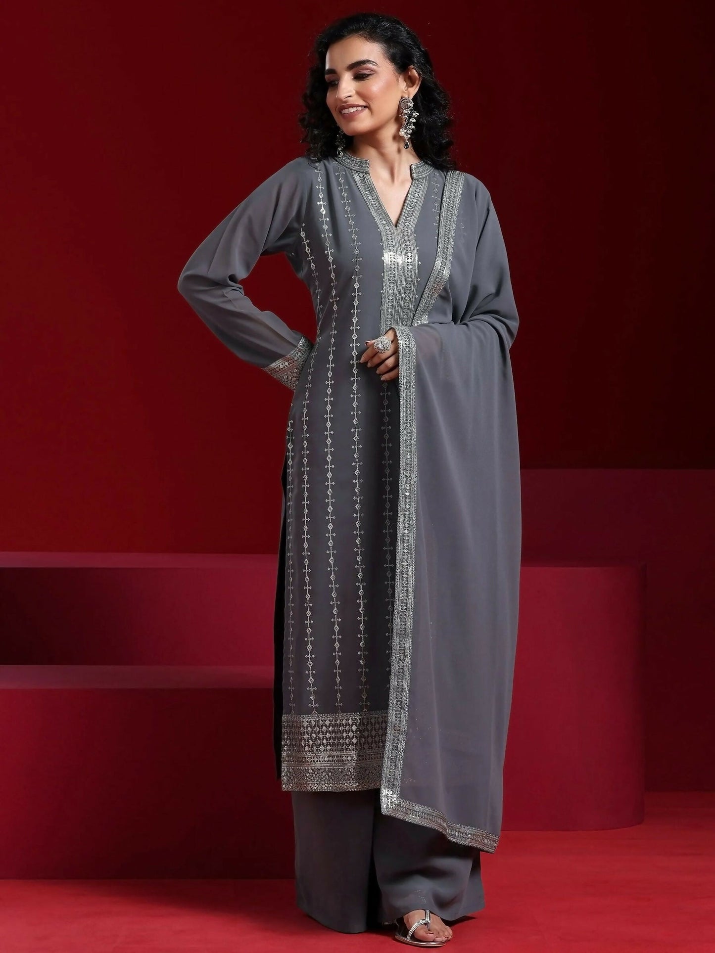 Women's LB Grey Embroidered Georgette Straight Suit With Dupatta