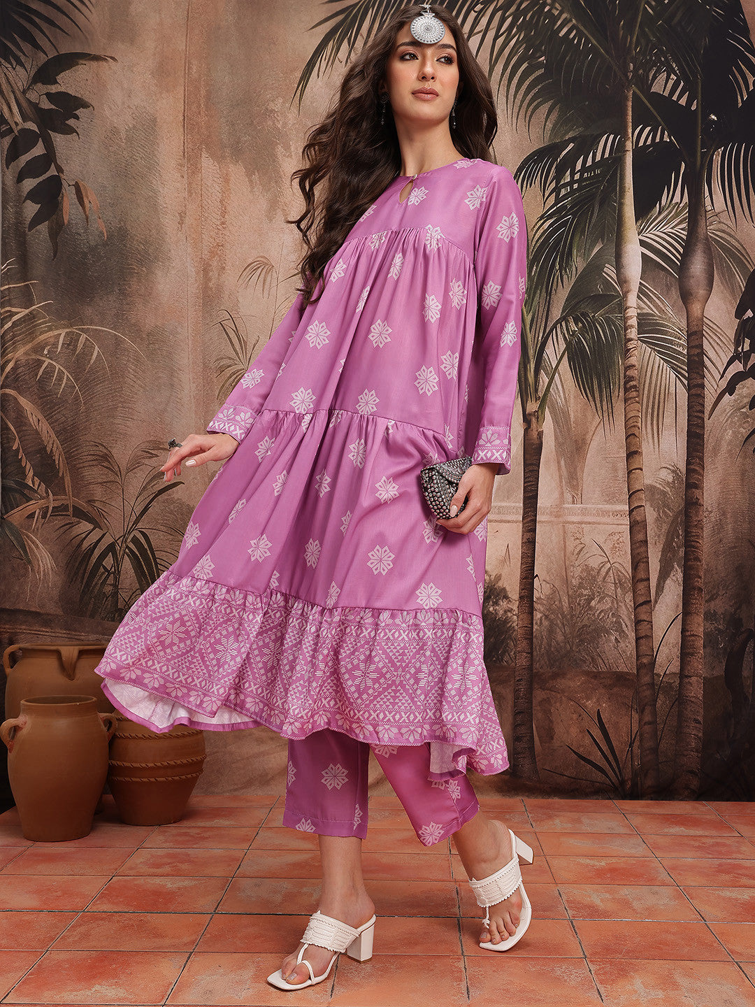 Ethnic Motif Printed Tiered Pleated Anarkali Kurta with Trouser