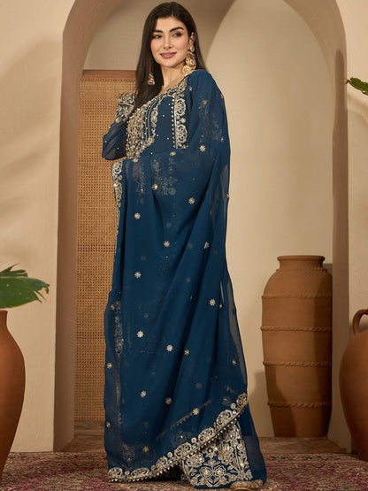 Dhiyona SN Women Ethnic Motifs Embroidered Regular Kurta with Sharara & With Dupatta
