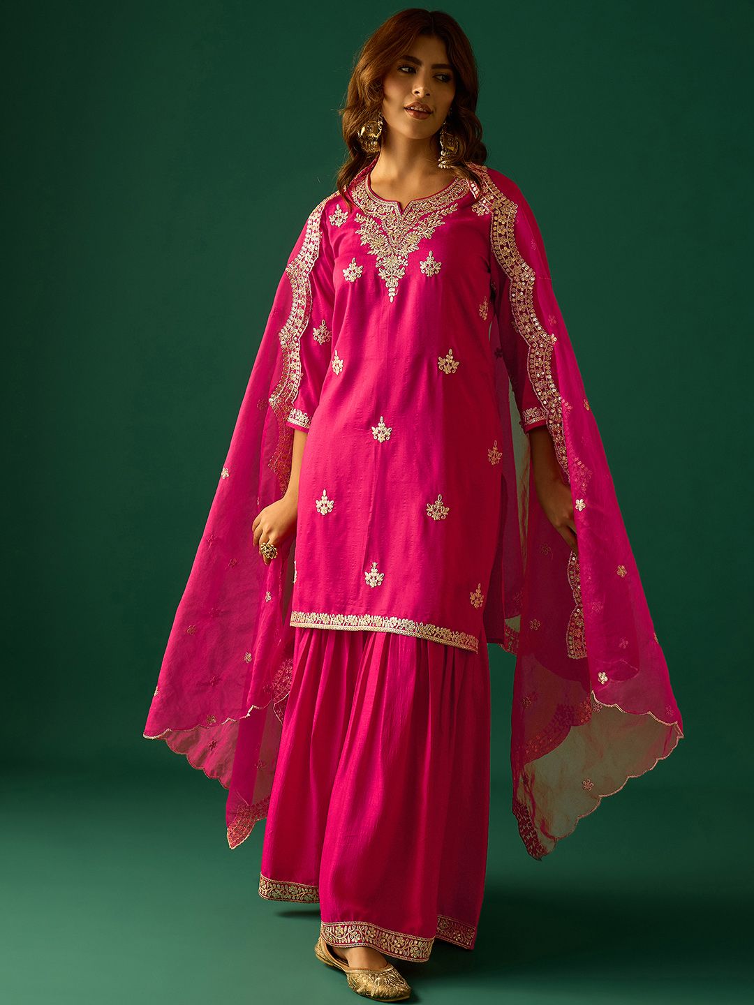 Dhiyona VA Women Ethnic Motifs Embroidered Kurta with Sharara & Dupatta