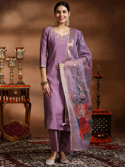 Women's LB Mauve Embroidered Silk Blend Straight Suit With Dupatta