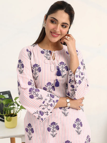Libas Purple Floral Printed Straight Kurta Set