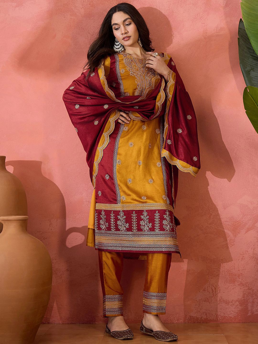 Dhiyona SN Vichitra Zari Sequence Embroidered Kurta With Trousers & Dupatta