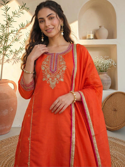 Women Ethnic Motifs Embroidered Regular Thread Work Kurta with Trousers & With Dupatta