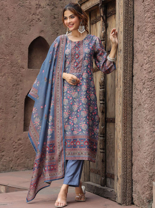 Dhiyona RR Women's Floral Printed Beads And Stones Straight Kurta With Trousers & Dupatta