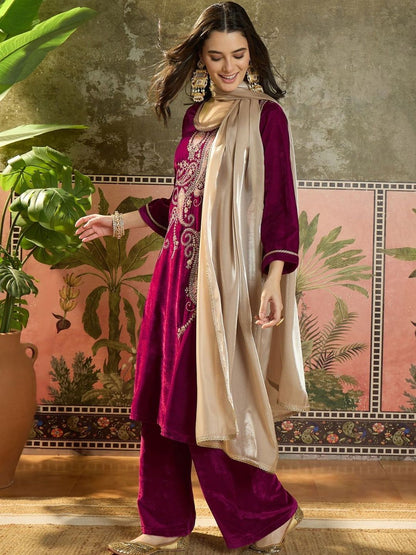 Dhiyona SN Women Velvet Embroidered Straight kurta palazzo with Dupatta Set