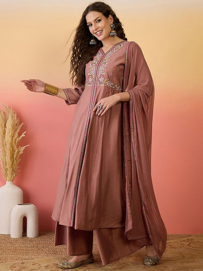Dhiyona SN Floral Embroidered Silk Anarkali Kurta & Palazzo With Dupatta