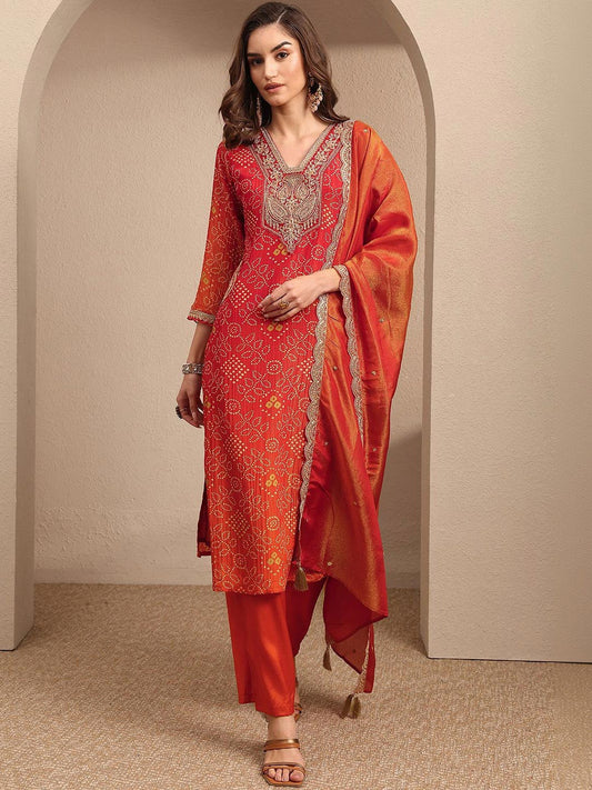 Women Bandhani Printed Regular Kurta with Trousers & With Dupatta
